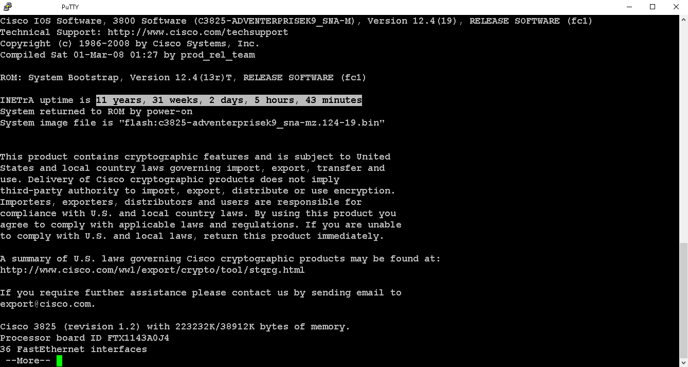 Cisco uptime screen showing long-term equipment uptime